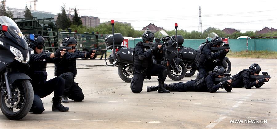 SWAT team members take part in an anti-terror drill in Shanghai, east China, Aug. 26, 2016. 