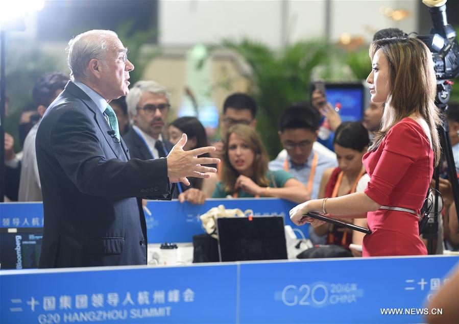Organization for Economic Cooperation and Development Secretary-general Angel Gurria speaks to media at the Media Center for G20 Hangzhou Summit in Hangzhou, capital of east China's Zhejiang Province, Sept. 3, 2016.