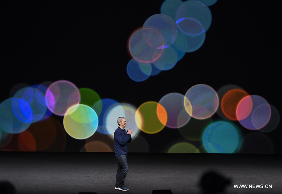 Apple CEO Tim Cook is seen on the stage during an Apple special event promoting its new products in San Francisco, the United States, Sept. 7, 2016. (Xinhua) 