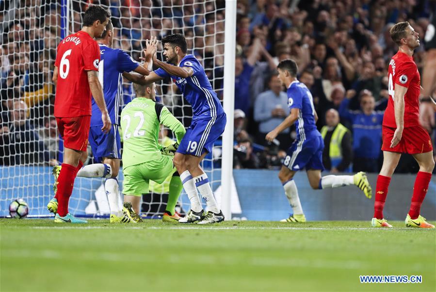 Diego Costa (4th, L) celebrates scoring during the English Premier League match between Chelsea and Liverpool in London, Britain, on Sept. 16, 2016. Liverpool won 2-1.