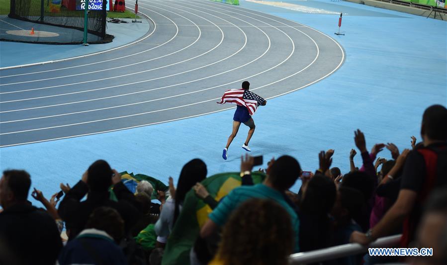 Roderick Townsend-Roberts of the United States celebrates after winning the men's high jump T45/T46/T47 final of athletics event at the 2016 Rio Paralympic Games in Rio de Janeiro, Brazil, on Sept. 16, 2016. Roderick Townsend-Roberts won the gold with 2.09 meters.
