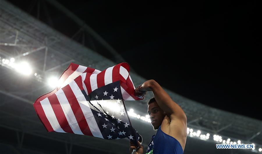 Roderick Townsend-Roberts of the United States celebrates after winning the men's high jump T45/T46/T47 final of athletics event at the 2016 Rio Paralympic Games in Rio de Janeiro, Brazil, on Sept. 16, 2016. Roderick Townsend-Roberts won the gold with 2.09 meters. 