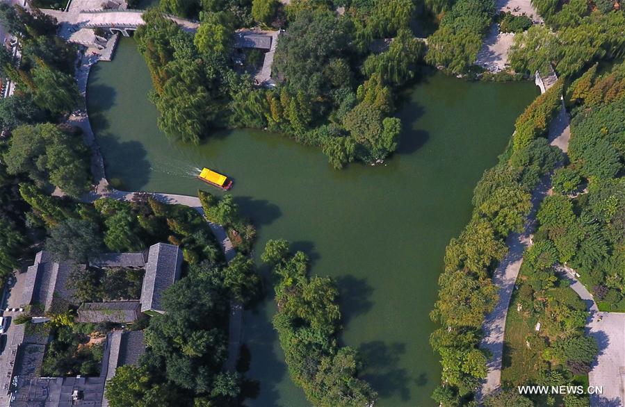 The aerial photo taken on Sept. 22, 2016 shows the scenery of the Daming Lake, a well-known scenic spot in Jinan, capital of east China's Shandong Province.