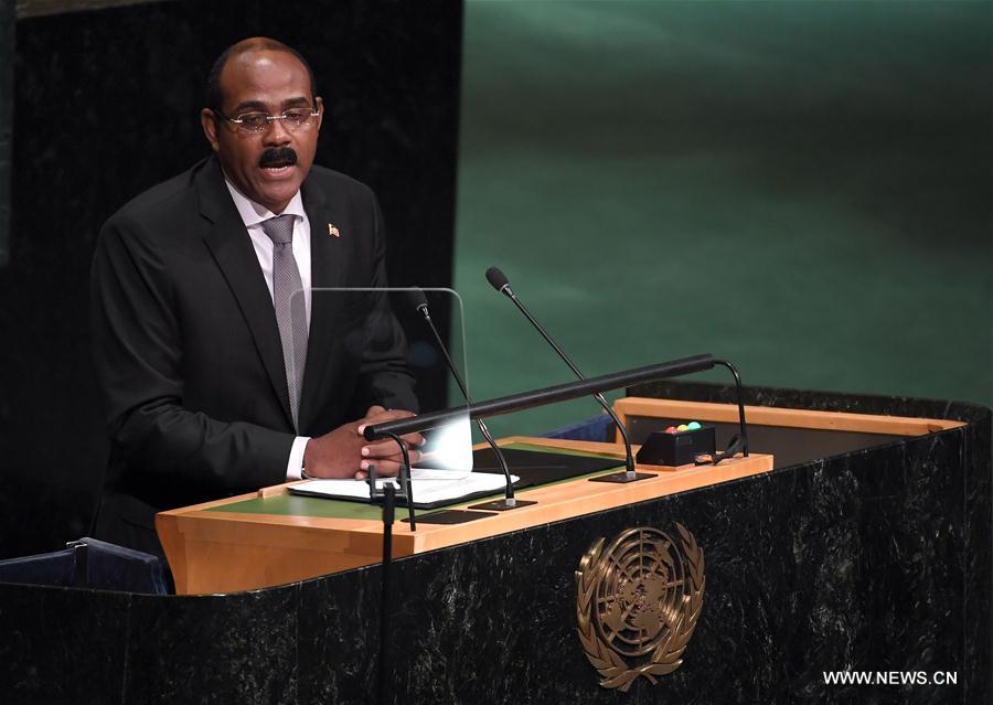 The Prime Minister of Antigua and Barbuda, Gaston Browne, addresses the general debate during the 71st annual session of the United Nations General Assembly at the UN headquarters in New York, on Sept. 24, 2016. (Xinhua/Yin Bogu) 