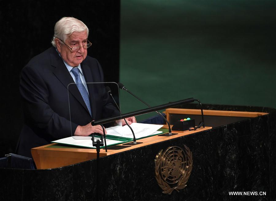 Syria's Deputy Prime Minister Walid Al-Moualem addresses the general debate during the 71st annual session of the United Nations General Assembly at the UN headquarters in New York, on Sept. 24, 2016. (Xinhua/Yin Bogu) 
