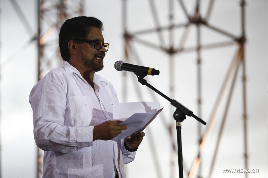 The chief negotiator of the Revolutionary Armed Forces of Colombia (FARC) Ivan Marquez addresses the closing session of its 10th National Guerrilla Conference in Llanos del Yari, Caqueta Department, Colombia, on Sept. 23, 2016.