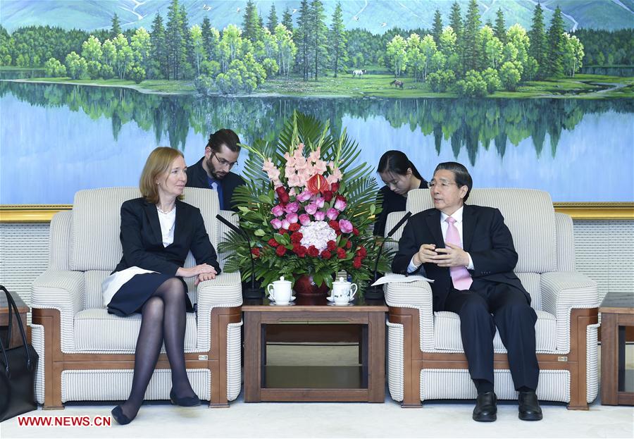 Chinese State Councilor and Minister of Public Security Guo Shengkun (R) meets with State Secretary of the German Interior Ministry Emily Haber in Beijing, capital of China, Oct. 13, 2016. (Xinhua/Zhang Ling)