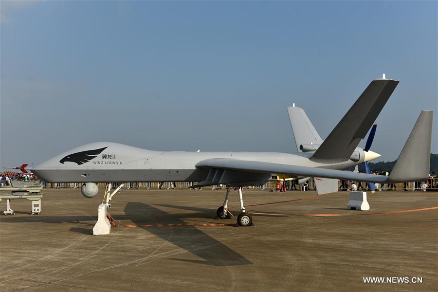 A Wing Loong II unmanned aerial vehicle (UAV) is displayed at the 11th China International Aviation and Aerospace Exhibition in Zhuhai, south China's Guangdong Province, Nov. 2, 2016