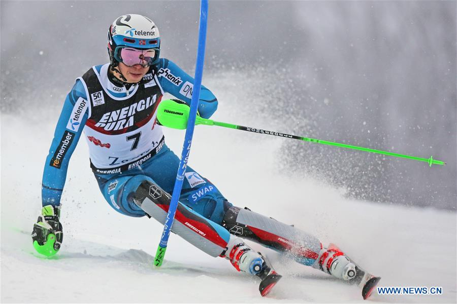 Henrik Kristoffersen of Norway competes during FIS Alpine Ski World Cup Snow Queen Trophy in Zagreb, capital of Croatia, Jan. 5, 2017. Henrik Kristoffersen got the third place. (Xinhua/Jurica Galovic) 