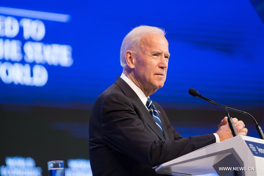 U.S. Vice President Joe Biden speaks at the 47th Annual Meeting of the World Economic Forum (WEF) in Davos, Switzerland, on Jan. 18, 2017.(Xinhua/Xu Jinquan)