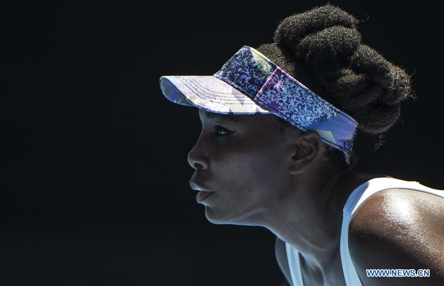 Venus Williams of the United States looks on during the women's singles fourth round match against Mona Barthel of Germany at the Australian Open Tennis Championships in Melbourne, Australia, Jan. 22, 2017. Venus Williams won 2-0. (Xinhua/Lui Siu Wai) 
