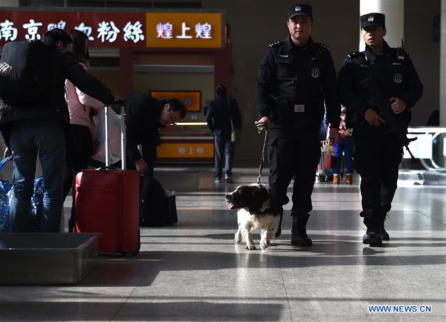 Trainer Yang Naiwen and police dog Tiehu patrol at the Hefei Railway Station in Hefei, capital of east China's Anhui Province, Jan. 24, 2017. Many police dogs are on duty during China's Spring Festival travel rush between Jan. 13 and Feb. 21. This is the 7th time for Tiehu, an 8-year-old sniffer dog, to serve the travel rush around the Spring Festival, which falls on Jan. 28 this year. (Xinhua/Guo Chen) 