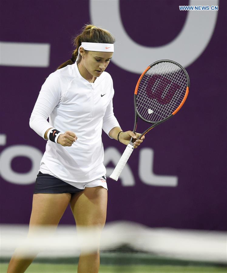 Lauren Davis of United States celebrates after the women's singles 2nd round qualifying match against Wang Qiang of China at WTA Qatar Open 2017 at the International Khalifa Tennis Complex of Doha, Qatar, Feb. 12, 2017.