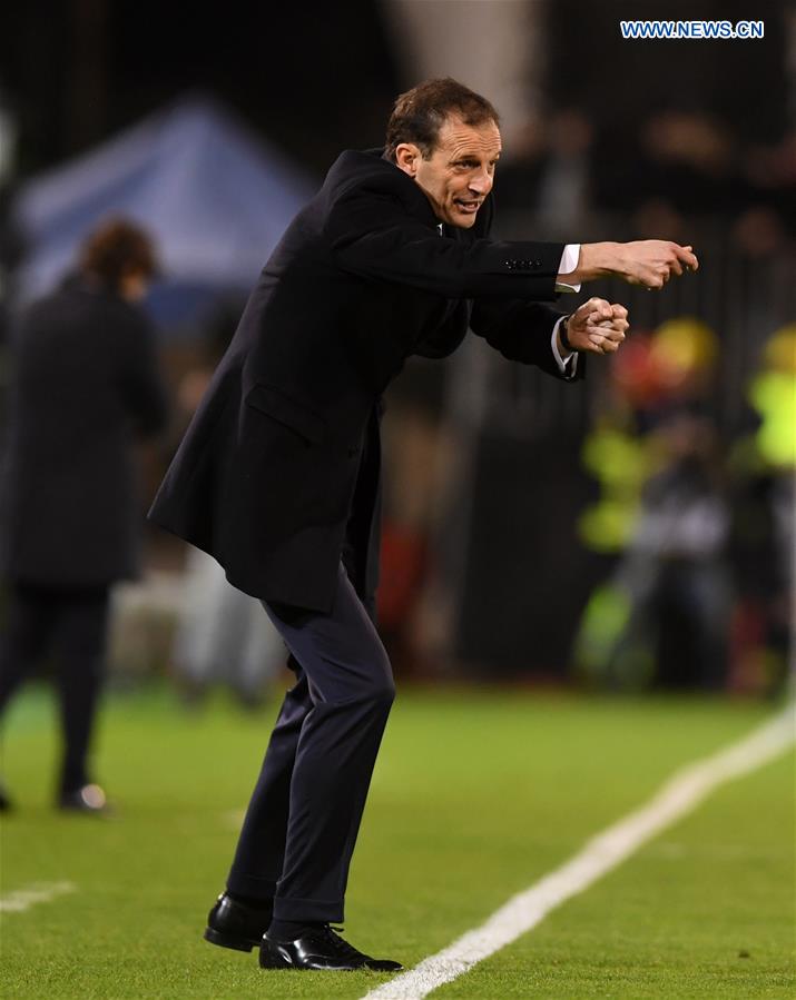 Juventus' head coach Massimiliano Allegri gestures during the Serie A soccer match between Juventus and Cagliari, in Cagliari, Italy, Feb. 12, 2017.