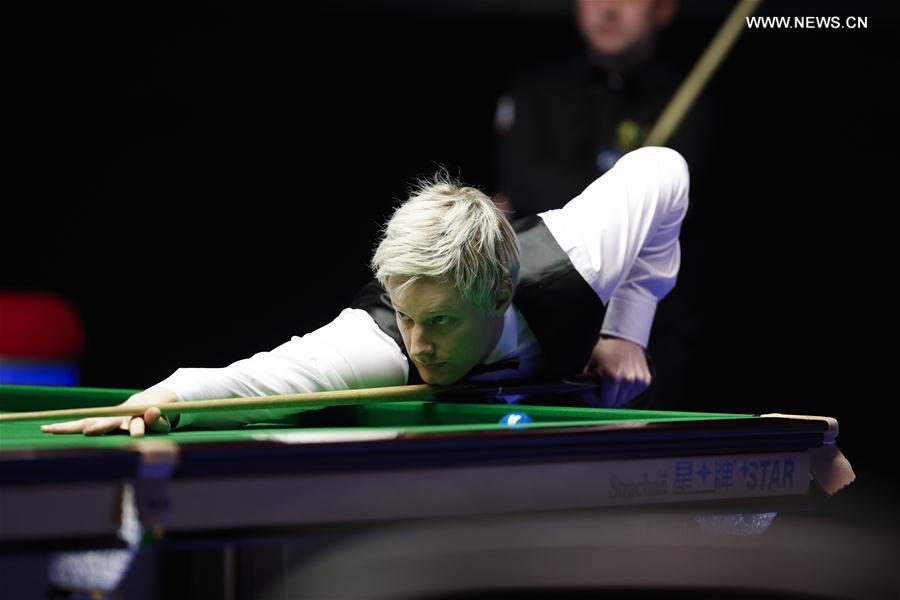 Neil Robertson of Australia competes during the second round match against Lee Walker of Wales at Welsh Open 2017 in Cardiff, Wales, Britain on Feb. 15, 2017. 