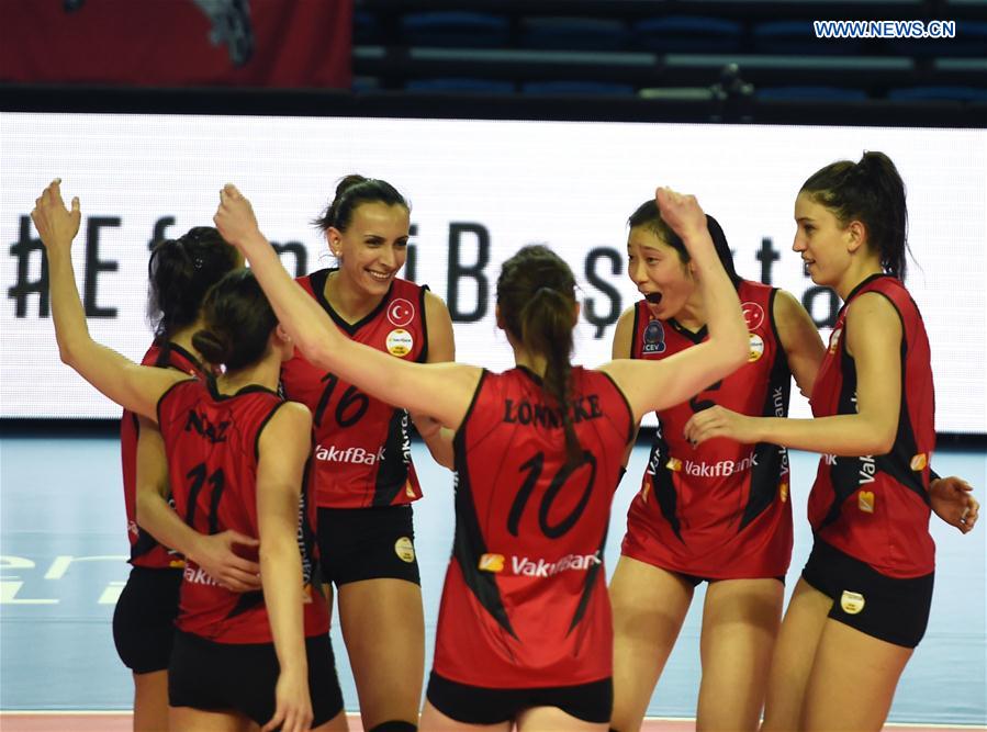 Vakifbank's Zhu Ting (2nd R) celebrates scoring with her teammates during the Turkish Women Volleyball League match between Besiktas and Vakifbank in Istanbul, Turkey, on Feb. 15, 2017. 
