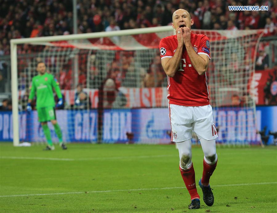 Bayern Munich's Arjen Robben reacts during the first leg match of Round of 16 of European Champions League between Bayern Munich and Arsenal in Munich, Germany, on Feb. 15, 2017.