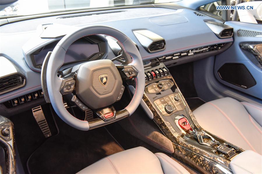 Photo taken on Feb. 16, 2017 shows the interior decor of a Lamborghini HURACAN SPYDER 610-4 in Monte Carlo, Monaco. 