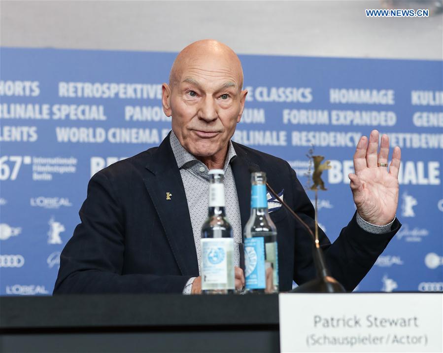 Actor Patrick Stewart attends a press conference for the film 'Logan' during the 67th Berlinale International Film Festival in Berlin, capital of Germany, on Feb. 17, 2017. 