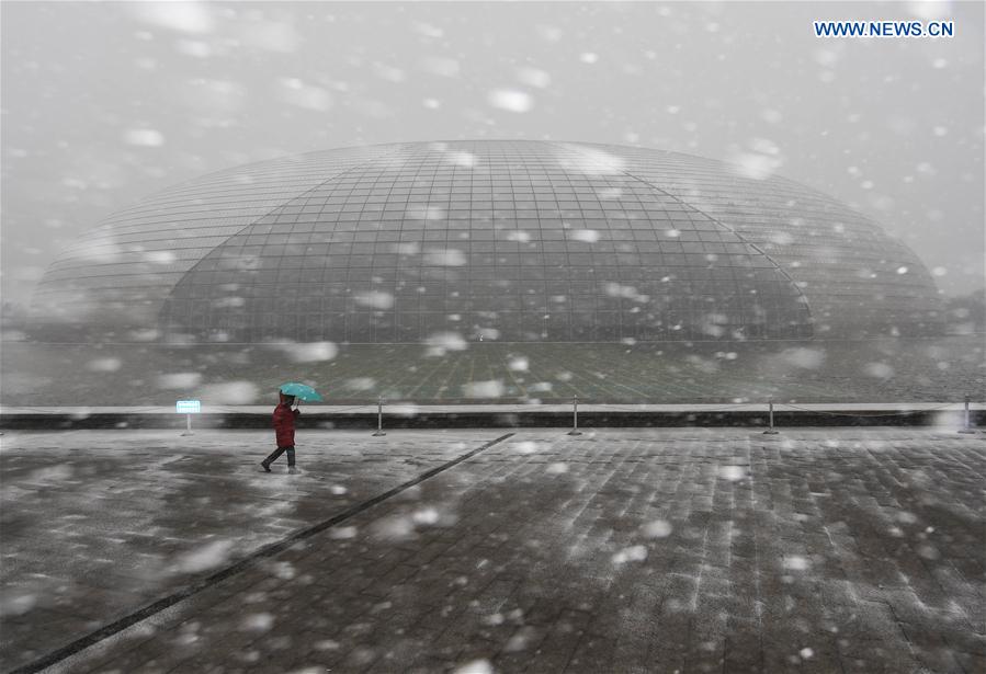 A woman walks in snow outside the National Centre for the Performing Arts in Beijing, capital of China, Feb. 21, 2017. 