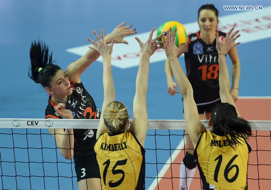 Eczacibasi player Tijana Boskovic (Back) spikes the ball during CEV Champions League Group D match between Vakifbank and Eczacibasi in Istanbul, Turkey, on Feb. 22, 2017.
