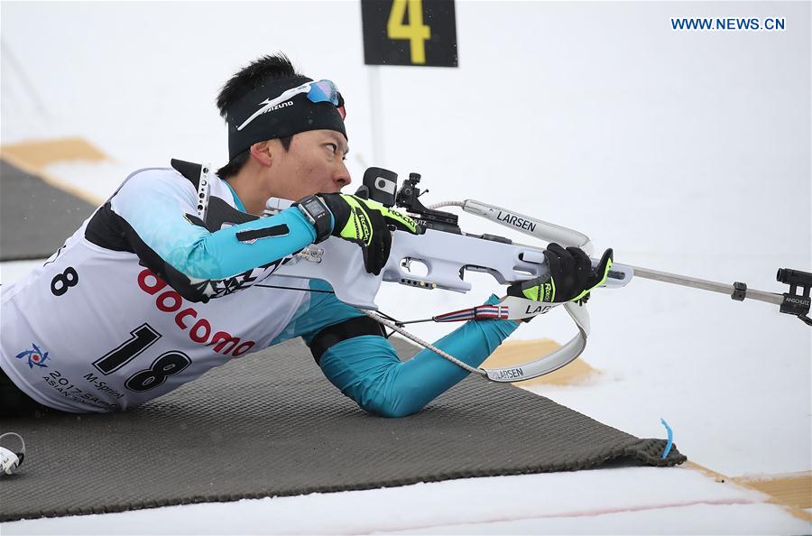 Japan's Tachizaki Mikito competes during the men's 10km sprint of Biathlon at the 2017 Sapporo Asian Winter Games in Sapporo, Japan, Feb. 23, 2017.