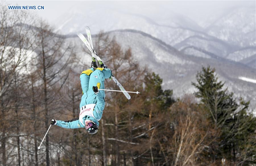Dmitriy Reikherd of Kazakhstan competes during the men's dual moguls of Freestyle Skiing at the 2017 Sapporo Asian Winter Games in Sapporo, Japan, Feb. 24, 2017. 