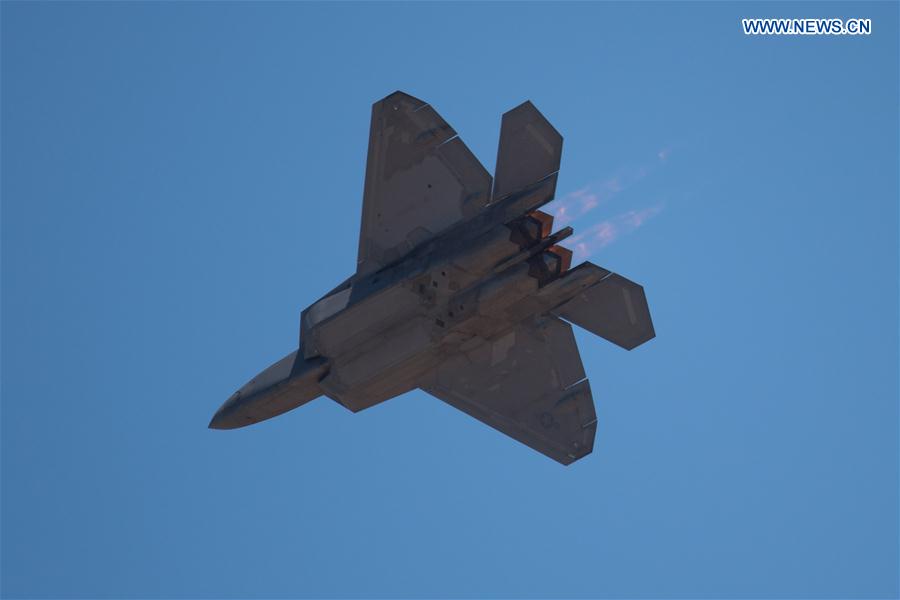 A F-22A Raptor performs at the Australian International Aerospace and Defence Exposition at the Avalon Airfield, southwest of Melbourne, Australia, on Feb. 28, 2017.