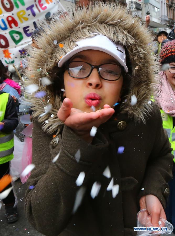 A girl takes part in a carnival for children in Brussels, capital of Belgium, Feb. 28, 2017.