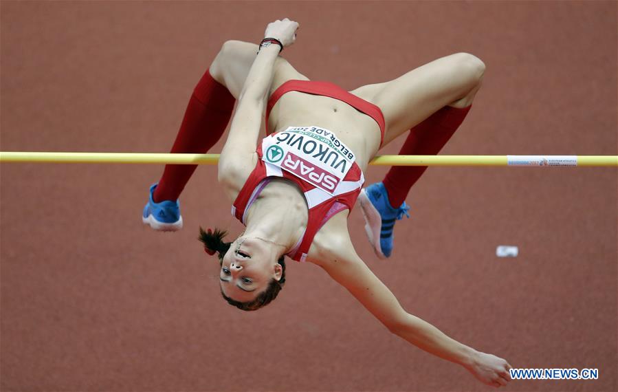 Marija Vukovic of Montenegro competes in women's high jump qualifications during the 2017 European Athletics Indoor Championships at the Kombank Arena in Belgrade, Serbia, March 3, 2017. (Xinhua/Predrag Milosavljevic) 