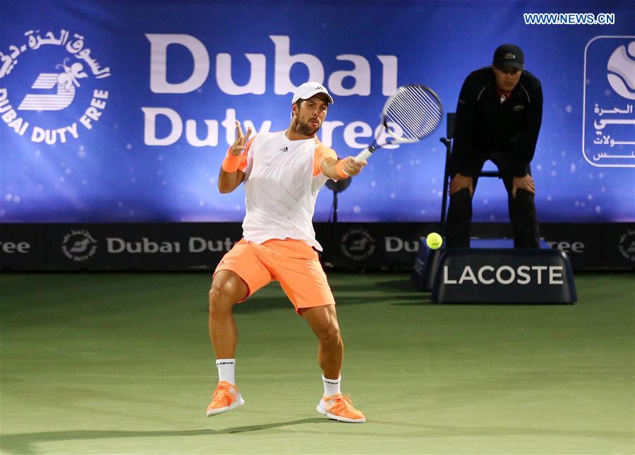 Fernando Verdasco of Spain returns the ball during the men's singles final match against Andy Murray of Britain at the Dubai Duty Free Tennis ATP Championships in Dubai, the United Arab Emirates, March 4, 2017. 