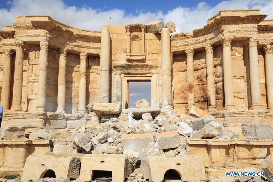 Rubbles of the bombed out Roman Theater is seen in the ancient city of Palmyra, central Syria, on March 4, 2017. The Syrian army announced in a statement that the Syrian forces captured the ancient city of Palmyra in central Syria on Thursday after battles with the Islamic State (IS) group.