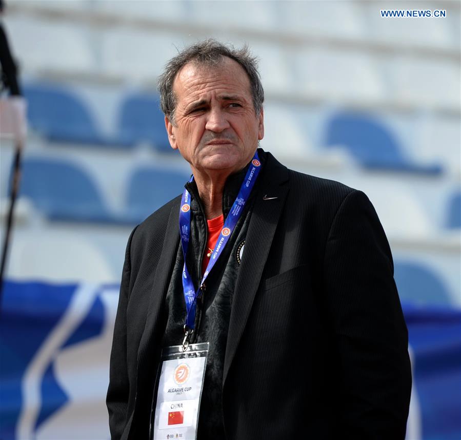 Bruno Bini, head coach of team China looks on during the last round of Group C match between China and Australia at the Algarve Cup 2017 women's soccer tournament in Albufeira, Portugal, on March 6, 2017.