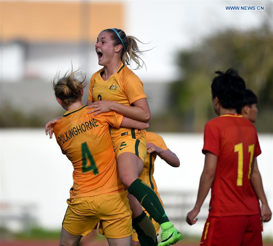 Ellie Carpenter (Top) of Australia celebrates scoring during the last round of Group C match between China and Australia at the Algarve Cup 2017 women's soccer tournament in Albufeira, Portugal on March 6, 2017. 