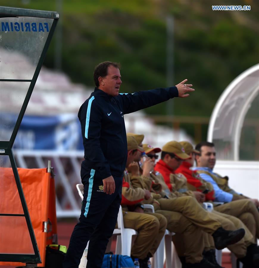 Alen Stajcic, head coach of Australia, gestures during the last round of Group C match between China and Australia at the Algarve Cup 2017 women's soccer tournament in Albufeira, Portugal on March 6, 2017. 