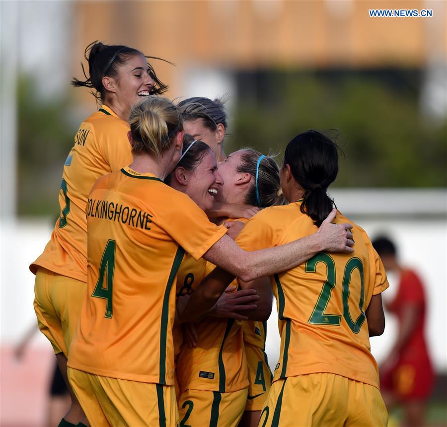 Players of Australia celebrate scoring during the last round of Group C match between China and Australia at the Algarve Cup 2017 women's soccer tournament in Albufeira, Portugal on March 6, 2017. 