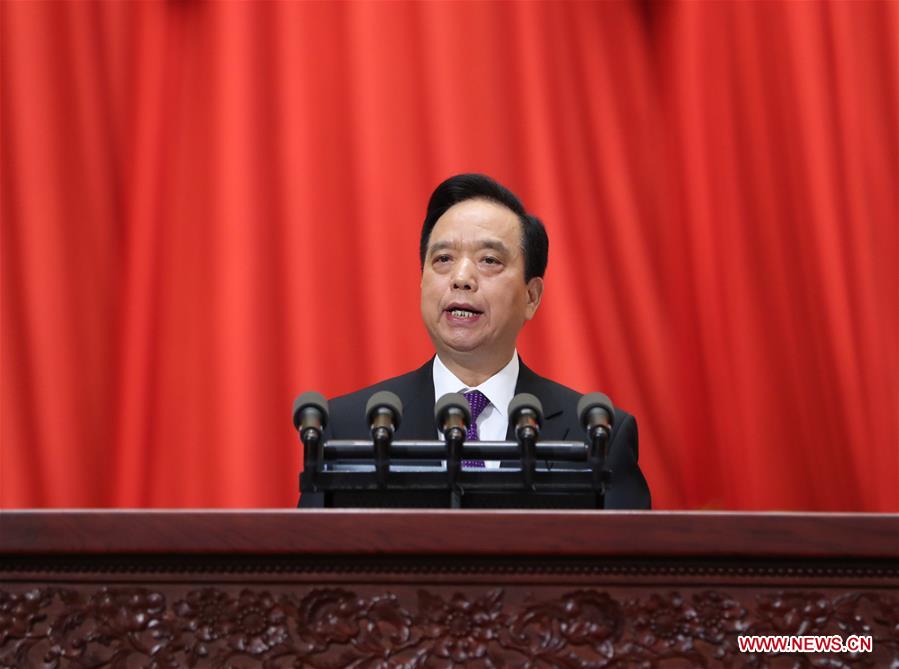 Li Jianguo, vice chairman of the Standing Committee of China's National People's Congress (NPC), elaborates the draft general provisions of civil law during the second plenary meeting of the fifth session of the 12th NPC at the Great Hall of the People in Beijing, capital of China, March 8, 2017. (Xinhua/Xie Huanchi)