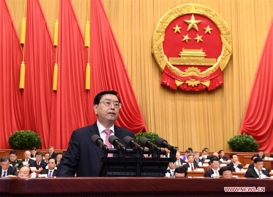 Zhang Dejiang, chairman of the Standing Committee of China's National People's Congress (NPC), delivers a work report of the NPC Standing Committee during the second plenary meeting of the fifth session of the 12th NPC at the Great Hall of the People in Beijing, capital of China, March 8, 2017. (Xinhua/Zhang Ling)