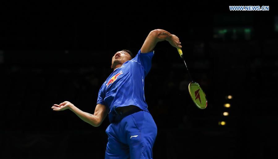 Lin Dan of China returns the shuttlecock during the men's singles first round match with Zulfadli Zulkiffli of Malaysia at All England Open Badminton 2017 in Birmingham, Britain, on March 8, 2017.