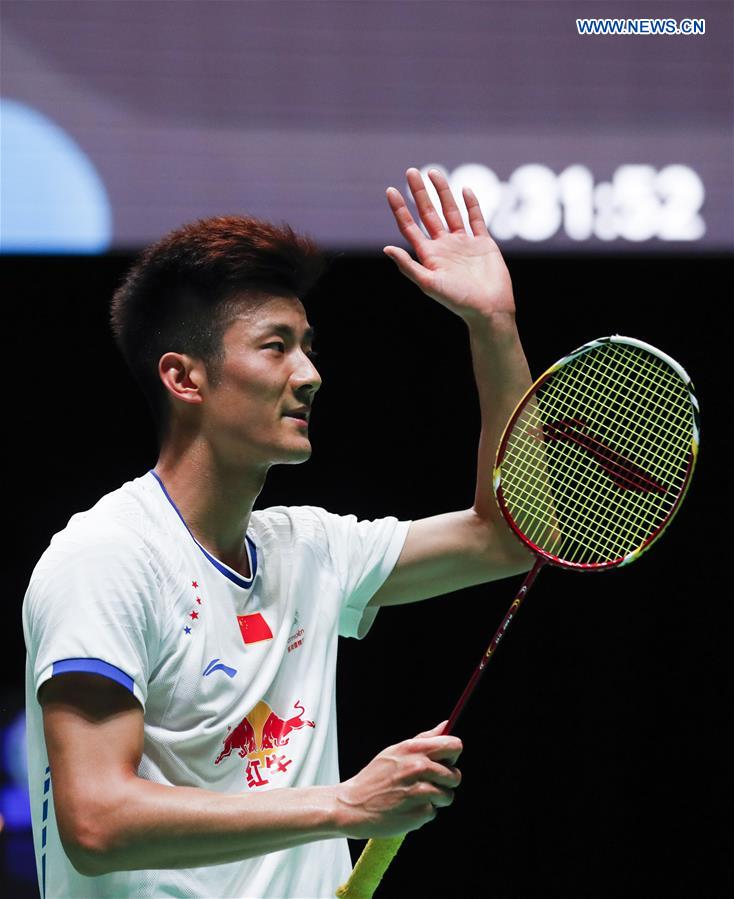 Chen Long of China acknowledges the spectators after winning the men's singles first round match against Marc Zwiebler of Germany at All England Open Badminton Tournament 2017 in Birmingham, Britain on March 8, 2017. 