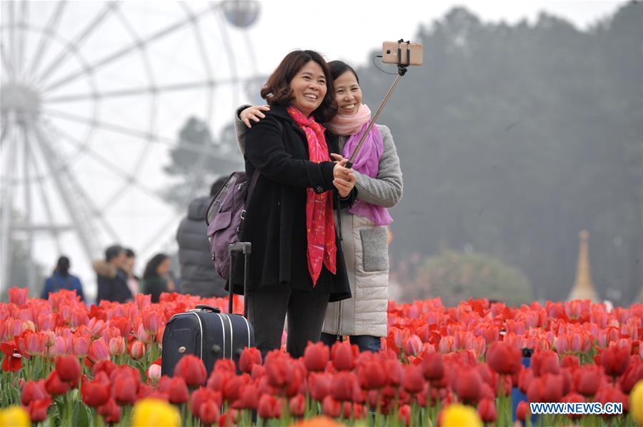  Tourists pose for pictures with the tulip blossoms at Hunan Forest Botanical Garden in Changsha City of central China's Hunan Province, March 11, 2017. 