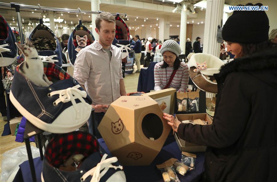 A vender introduces cat-focused products during the Cat Camp in New York, the United States, on March 11, 2017.
