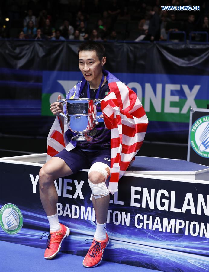 Lee Chong Wei of Malaysia celebrates during the awarding ceremony after men's singles final with Shi Yuqi of China at All England Open Badminton Championships 2017 in Birmingham, Britain on March 12, 2017.