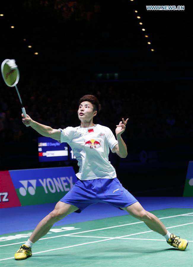 Shi Yuqi of China competes during the men's singles final with Lee Chong Wei of Malaysia at All England Open Badminton Championships 2017 in Birmingham, Britain on March 12, 2017. 