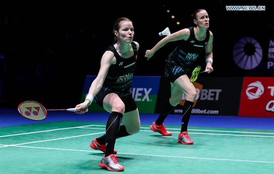 Kamilla Rytter Juhl (R) /Christinna Pedersen of Denmark compete during the women's doubles final with Chang Ye Na/Lee So Hee of South Korea at All England Open Badminton Championships 2017 in Birmingham, Britain on March 12, 2017. 