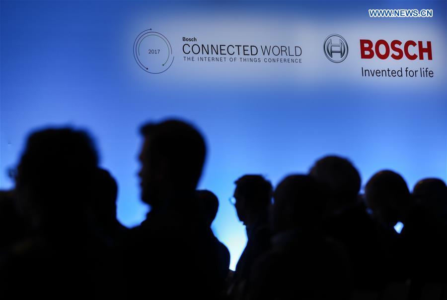 Audiences listen to a keynote speech during the Bosch ConnectedWorld 2017 in Berlin, capital of Germany, on March 15, 2017. 