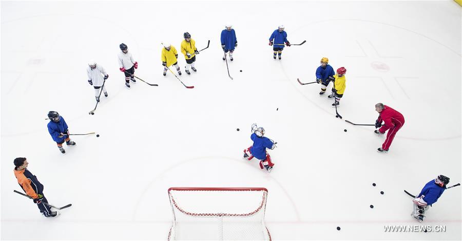 Photo taken on Feb. 25, 2017 shows ice hockey players of Binglong International Skating Club taking a training at a shopping mall in Wuhan, central China's Hubei Province. Keeping up a sound and steady pace of development, the Chinese sports industry was booming in 2016. The National Fitness Program (2016-2020) and the 13th Five-year Plan on the Sports Industry were both issued in 2016 to offer a clear direction for China's national strategy of ensuring public fitness and the development of the sports industry. China's General Administration of Sport, jointly with many other national governmental departments, also published policies and plans on winter sports. It released a plan on Nov. 2, 2016 to speed up the construction of winter sports infrastructure, aiming to build at least 500 skating rinks before the 2022 Winter Olympic Games. Four of six ski resorts are built in Shennongjia. During season 2016-2017, Shennongjia Ski resort accommodated more than 120,000 tourists, up 35 percent from 2015. A winter sports training base is planned to construct in Shennongjia for traning professional athletes. Around 2,000 people regularly participate in skating sports at five rinks in Wuhan, capital of Hubei Province every year. (Xinhua/Xiao Yijiu)