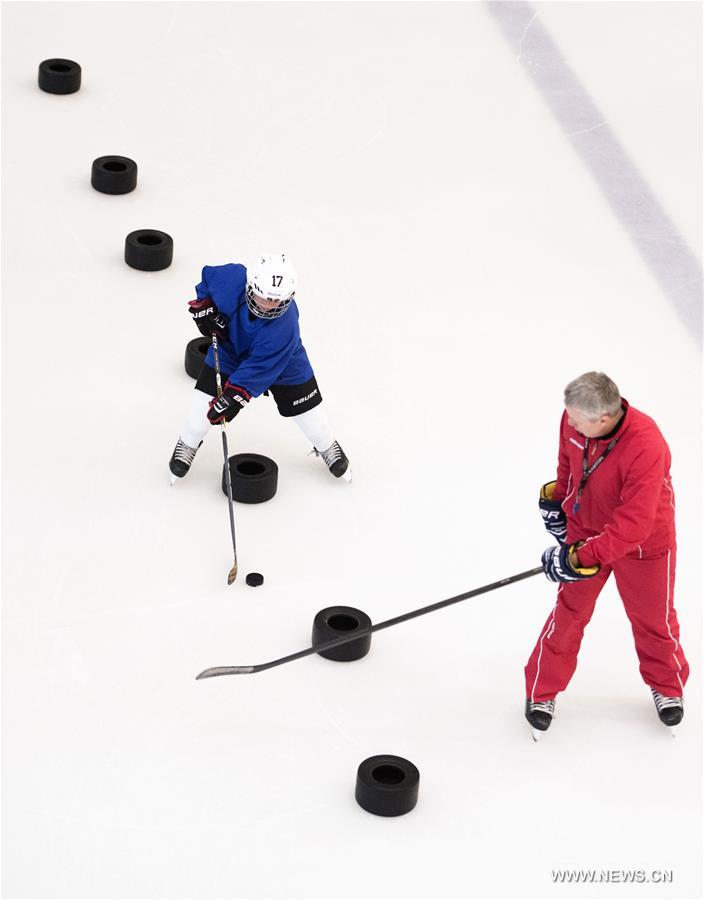 Photo taken on Feb. 25, 2017 shows an ice hockey player of Binglong International Skating Club takes a training under the instruction from his Russian coach Nikolaev Vladimir at a skating rink in a shopping mall in Wuhan, central China's Hubei Province. Keeping up a sound and steady pace of development, the Chinese sports industry was booming in 2016. The National Fitness Program (2016-2020) and the 13th Five-year Plan on the Sports Industry were both issued in 2016 to offer a clear direction for China's national strategy of ensuring public fitness and the development of the sports industry. China's General Administration of Sport, jointly with many other national governmental departments, also published policies and plans on winter sports. It released a plan on Nov. 2, 2016 to speed up the construction of winter sports infrastructure, aiming to build at least 500 skating rinks before the 2022 Winter Olympic Games. Four of six ski resorts are built in Shennongjia. During season 2016-2017, Shennongjia Ski resort accommodated more than 120,000 tourists, up 35 percent from 2015. A winter sports training base is planned to construct in Shennongjia for traning professional athletes. Around 2,000 people regularly participate in skating sports at five rinks in Wuhan, capital of Hubei Province every year. (Xinhua/Xiao Yijiu)