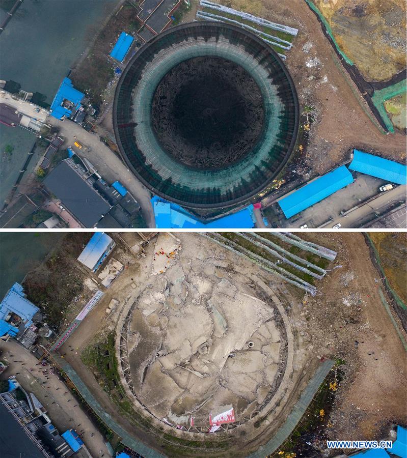 Combo photo taken on March 17, 2017 shows before and after scenes of the demolition of a cooling tower of a power station in Guiyang City of southwest China's Guizhou Province. (Xinhua/Liu Xu) 