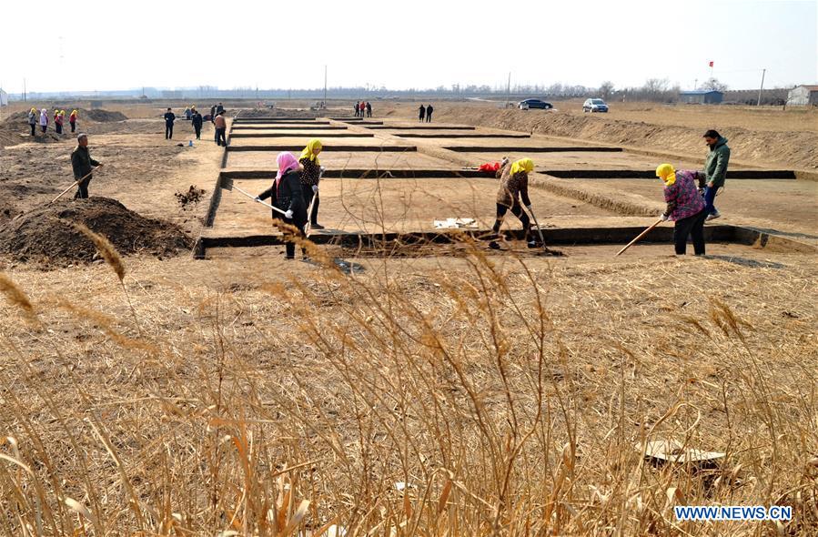 Archaeologists work at the ancient Haifeng town ruins site in Huanghua, north China's Hebei Province, March 17, 2017. Chinese archaeologists began the second-stage excavation of the ruins here, expecting to unveil functions of the town as an important trade port during the Jin (1115-1234) and Yuan (1271-1368) dynasties in Chinese history. (Xinhua/Yang Shiyao)